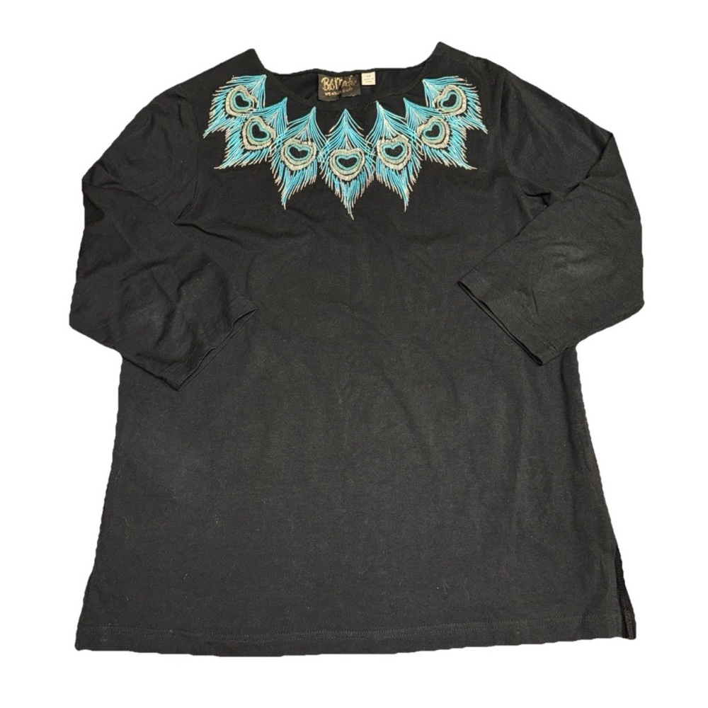 Bob Mackie Women's Black Embroidered Feather Design Top Size Medium Peacock Cute